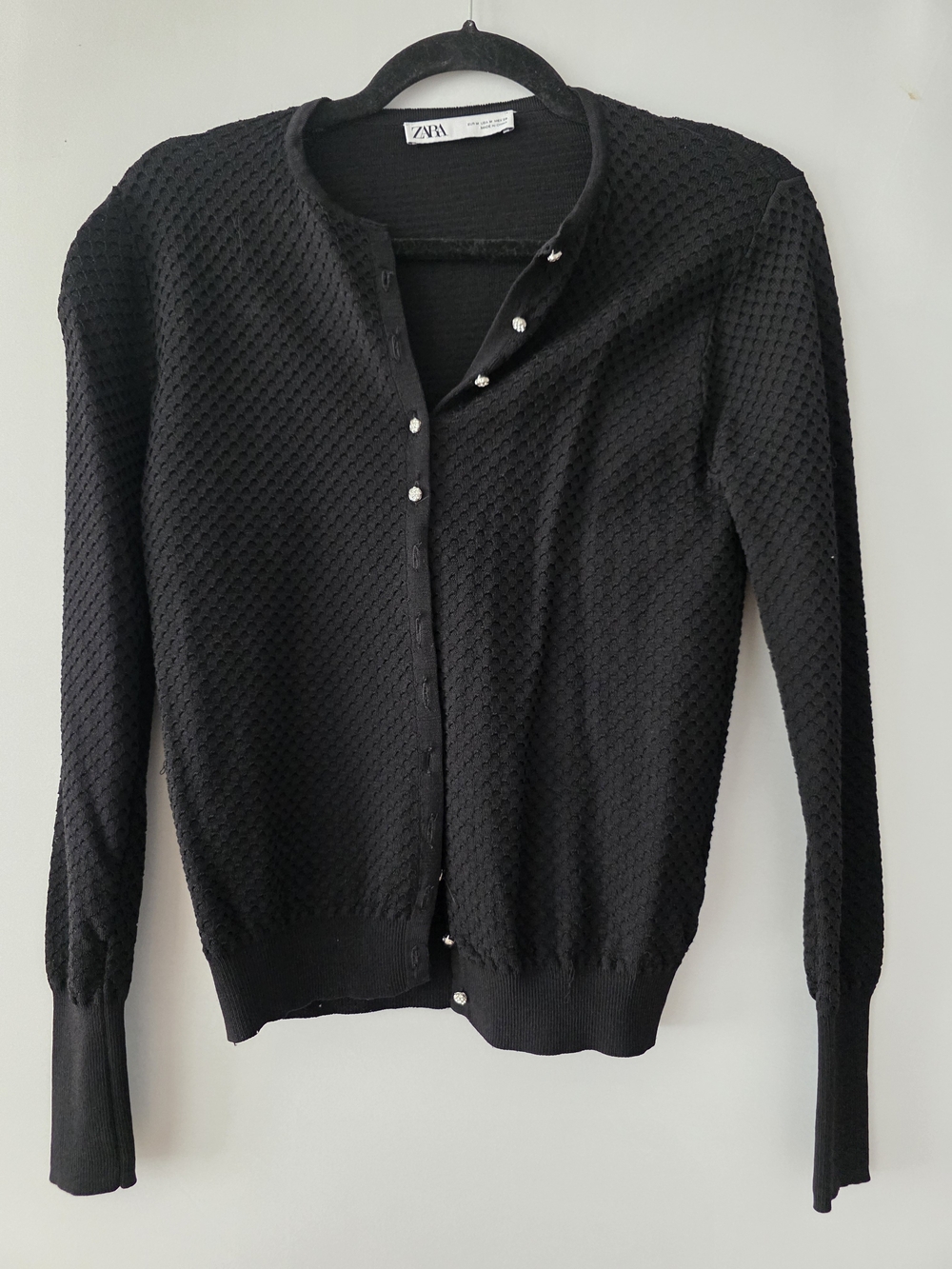 Zara Black Textured Knit Cardigan with Pearl Buttons